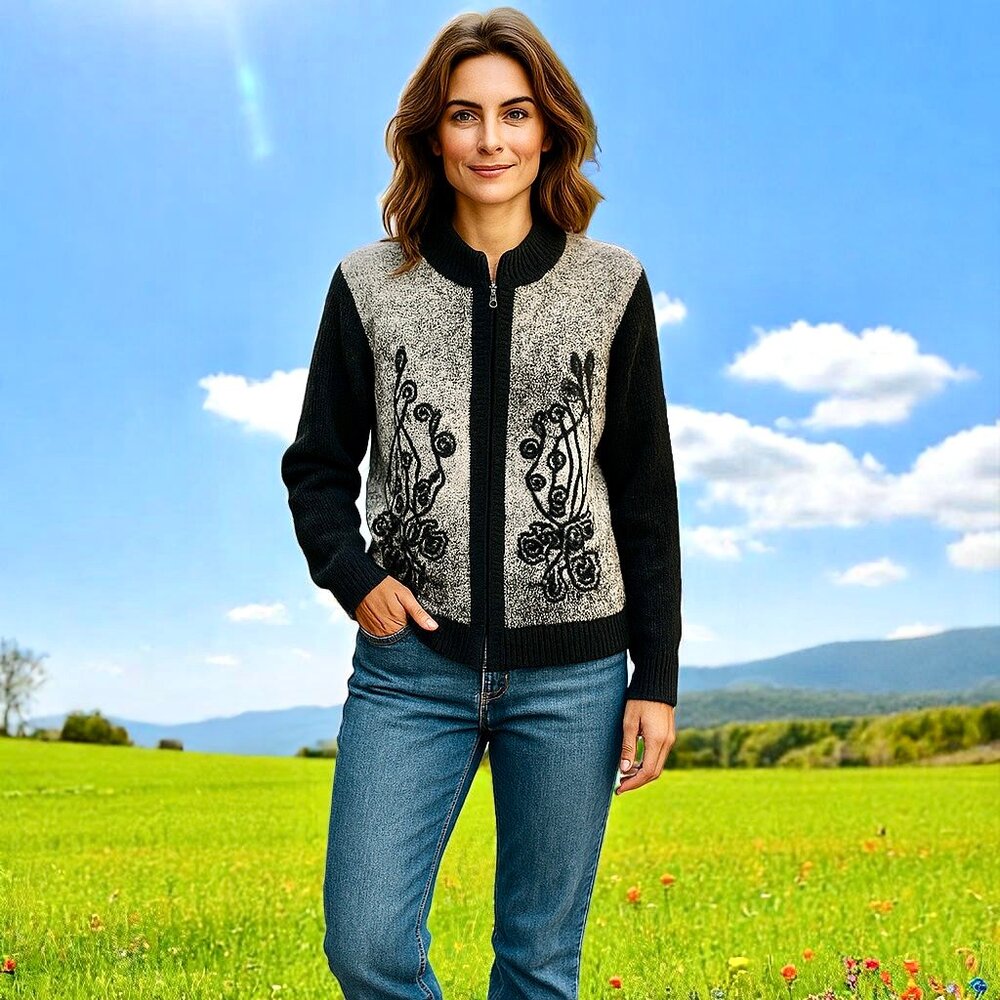 Coldwater Creek Cardigan Sweater Full Zip Ribbon Art